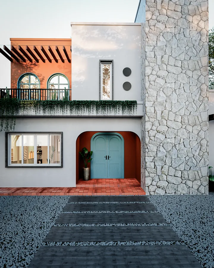 casa mf: fachada com pedra, porta azul em arco e terraço