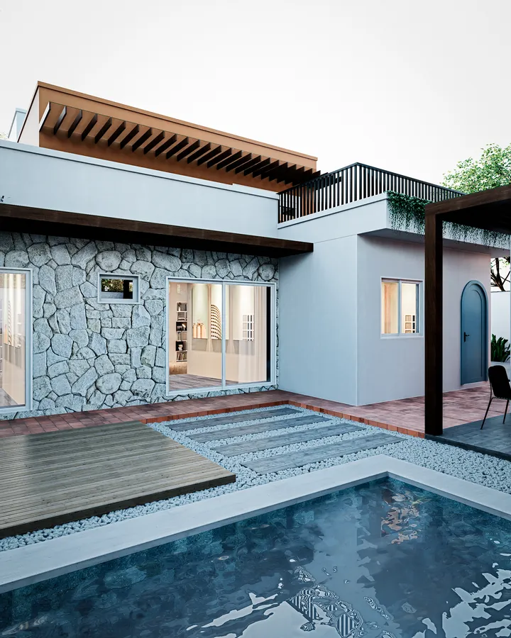 casa mf: piscina e fachada com pergolado de madeira