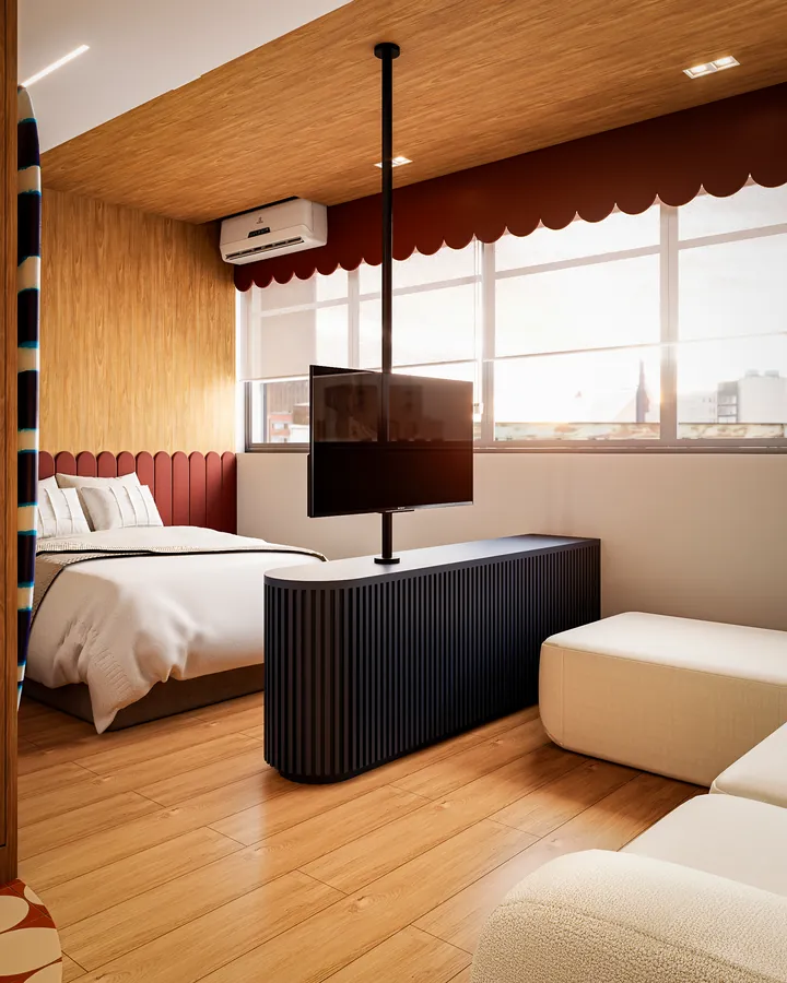 studio rr: quarto e sala integrados com tv giratória e cortina listrada