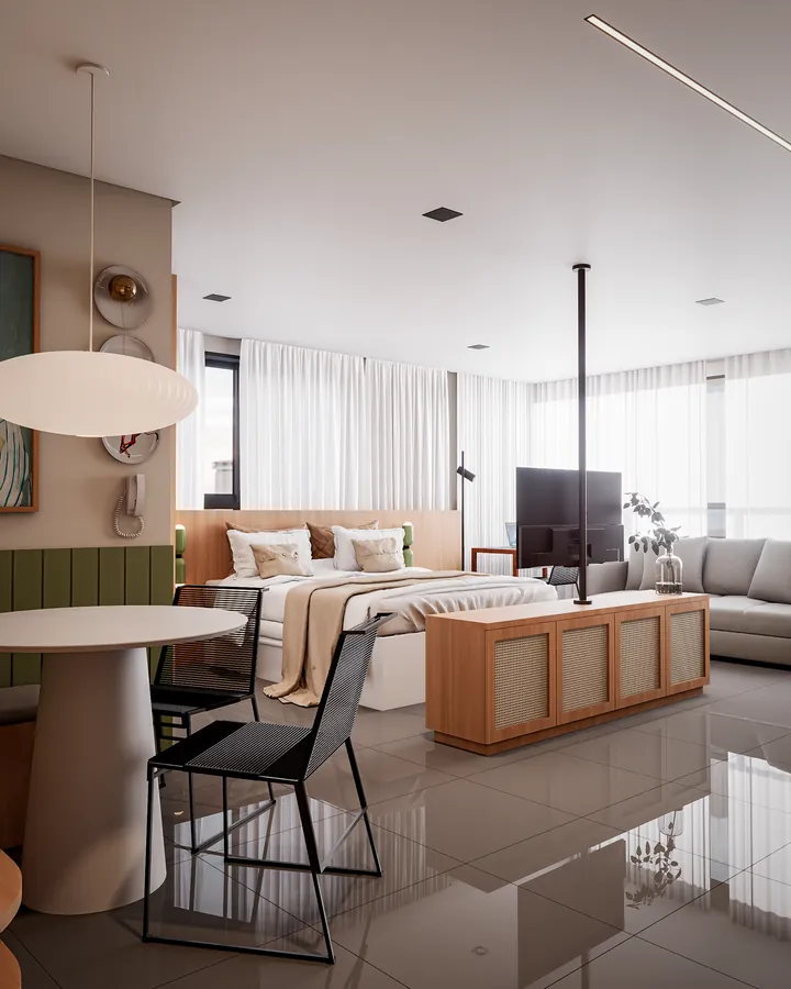 studio fs: studio integrado com sala, cama e cozinha em tons claros