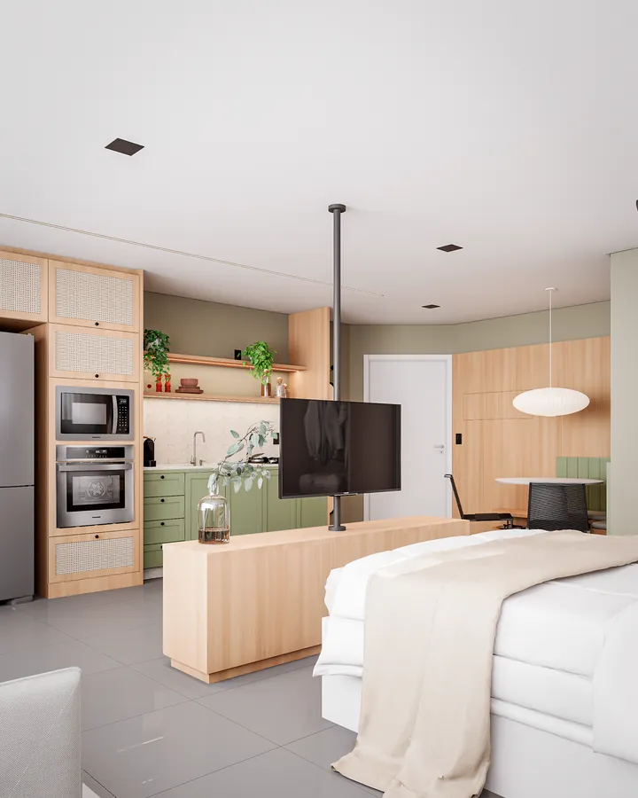 studio fs: cozinha de madeira e tv giratória entre cama e sala