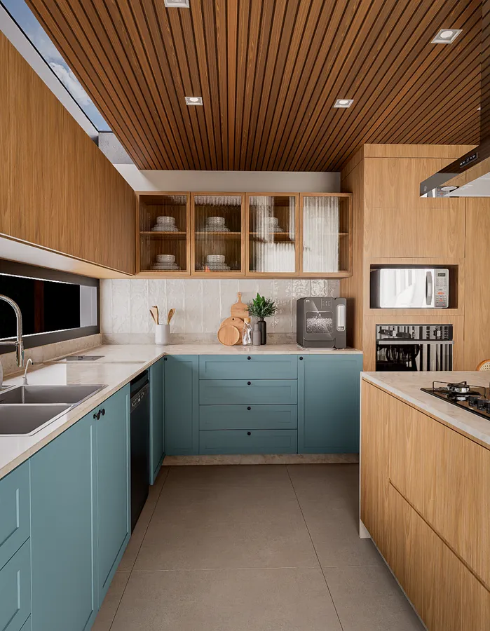 casa yg: cozinha com marcenaria azul e forro de madeira ripado