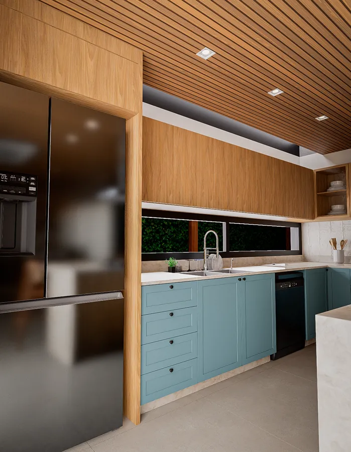casa yg: cozinha azul com geladeira inox e janela em fita